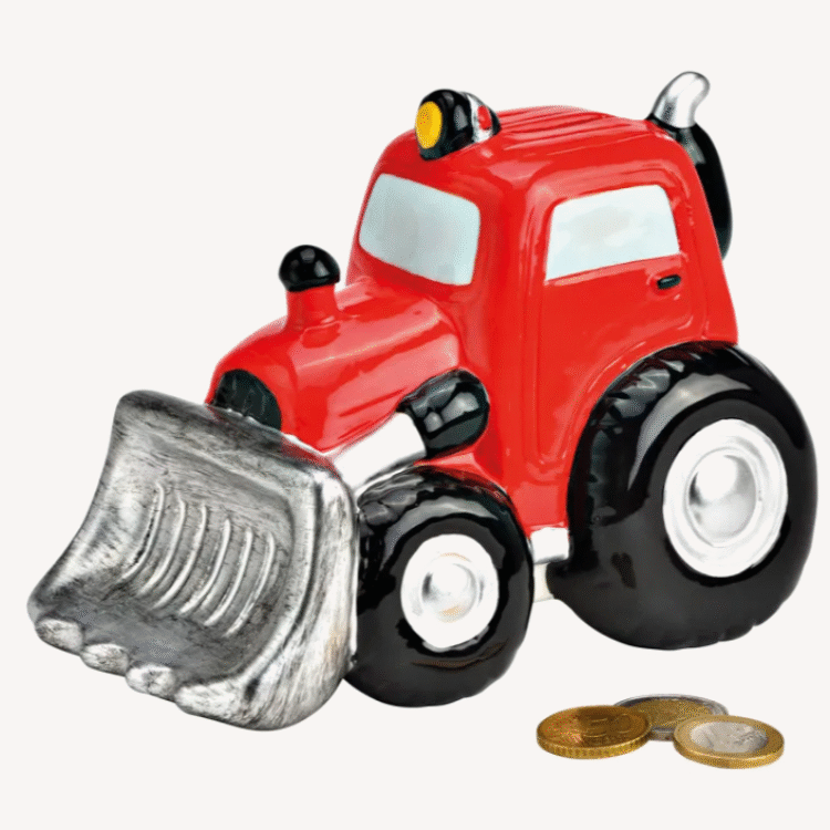 keramische spaarpot in de vorm van een trekker met frontlader